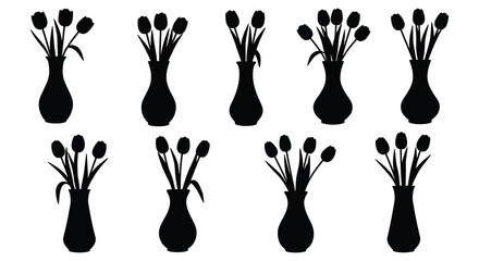 A collection of black silhouette tulip bouquets in varying vase shapes