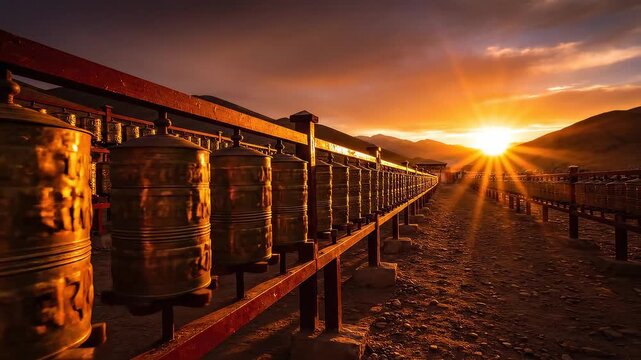 Golden Sunset Over Tibetan Prayer Wheels in the Mountains.