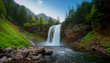 Obraz premium Majestic Waterfall Cascade Serene Mountain Landscape Nature Photography Tranquil Environment Wide Angle Perspective