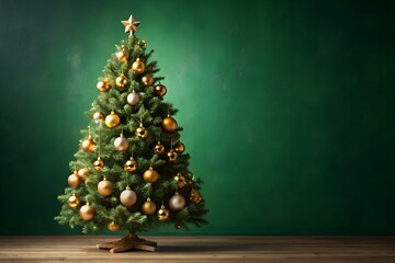 A beautifully decorated christmas tree with golden ornaments stands against a dark green background, creating a festive atmosphere