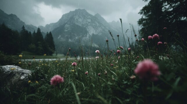 Serene mountain landscape with wildflowers under overcast sky