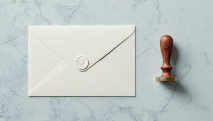 Elegant cream envelope with wax seal and wooden stamp on marbled background.