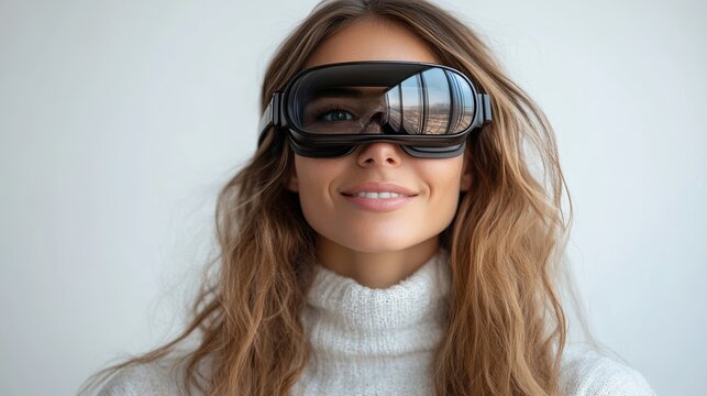 Young caucasian female wearing virtual reality headset indoors smiling