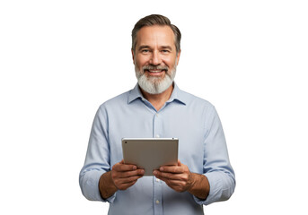 Smiling middle-aged man with beard holding a tablet computer in a medium shot portrait transparent background