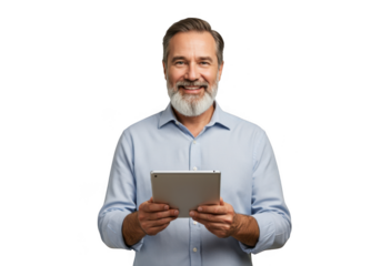 Smiling middle-aged man with beard holding a tablet computer in a medium shot portrait transparent background