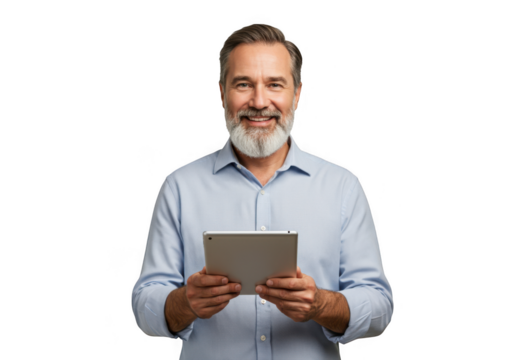 Smiling middle-aged man with beard holding a tablet computer in a medium shot portrait transparent background