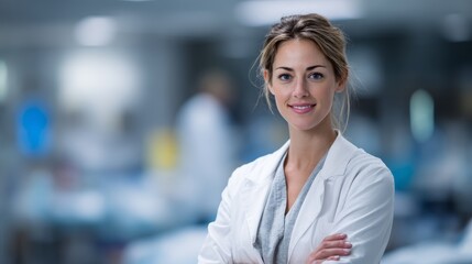 Obraz premium Confident young caucasian female doctor in hospital setting