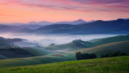 Obraz premium Tranquil Landscape With Rolling Hills Misty Fields And Distant Mountains Under A Pastel Sky