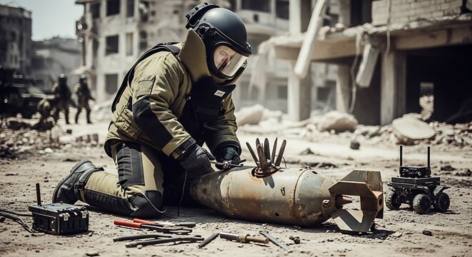 Bomb Disposal Expert Defusing a Bomb in War-Torn City.