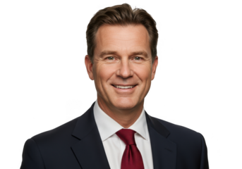 Smiling middle-aged man in suit and tie medium shot portrait professional headshot transparent background