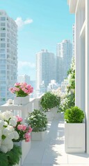 Fototapeta premium Beautiful Balcony Garden With Cityscape View Under Blue Sky.