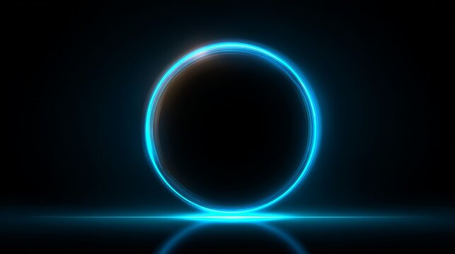 Glowing neon circle on dark background with reflective light effect