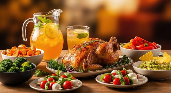 Delicious roasted whole chicken surrounded by fresh vegetable side dishes, guacamole, caprese skewers, and refreshing drinks arranged on a wooden dining table, conveying a festive and abundant meal.