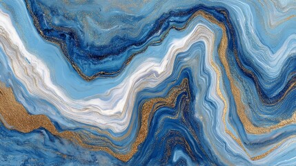 Abstract blue and gold marble texture with fluid lines and swirls of white patterns