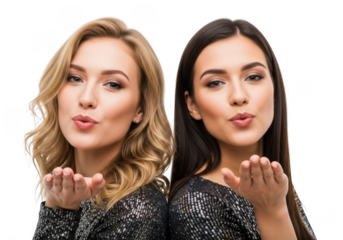 Two young women blowing kisses isolated on transparent background