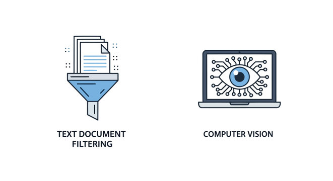 Vector illustration of text document filtering and computer vision concept data analysis, machine learning and artificial intelligence