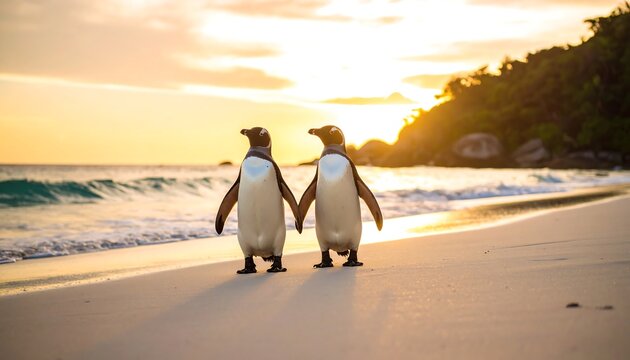 Two penguins holding hands at sunset on beach - Powered by Adobe