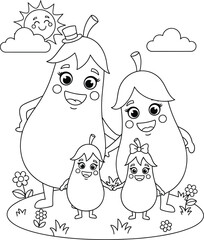 Happy Cartoon Pear Family with Sun and Clouds Line Art Coloring Page for Kids