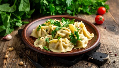 A plate of savory dumplings, garnished with fresh herbs and spices, sits on a rustic wooden table.