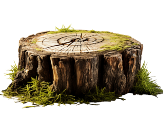 Old weathered tree stump covered in moss and grass against a dark background