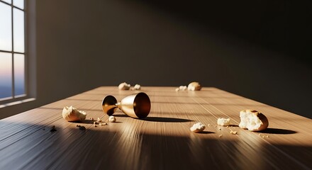 Golden Cup and Bread on Wooden Surface