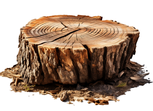 Close up of a weathered tree stump with visible growth rings and bark texture