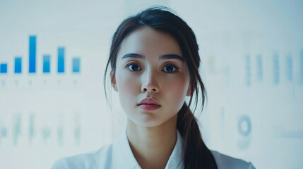 Young woman analyzing data in modern office with digital charts and graphs in background