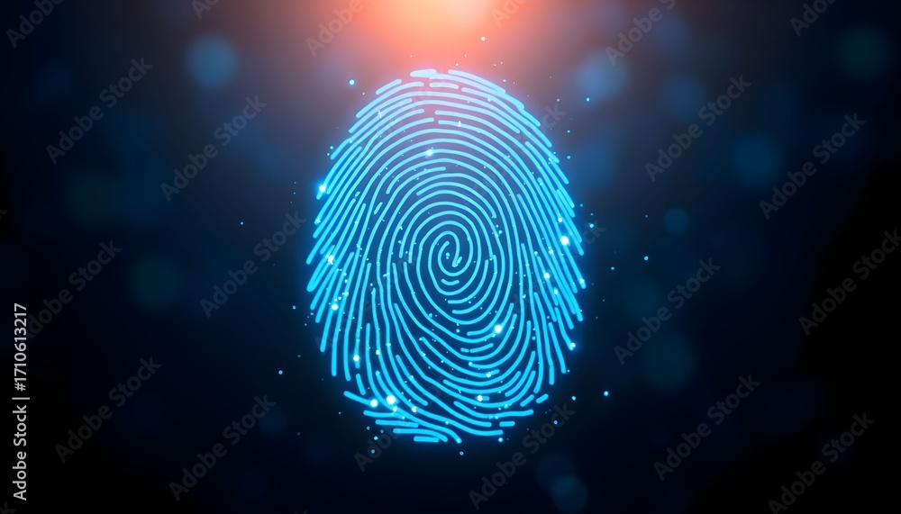 Poster digital fingerprint glowing blue on a dark background, representing biometric security and identity 
