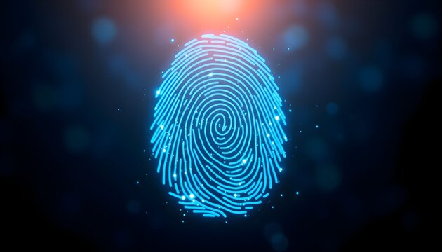 Digital fingerprint glowing blue on a dark background, representing biometric security and identity verification in a technological context. - Powered by Adobe