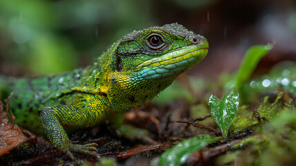 Fototapeta premium Vibrant Green Lizard in Rainforest Habitat