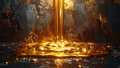 Golden liquid pouring onto a dark surface
