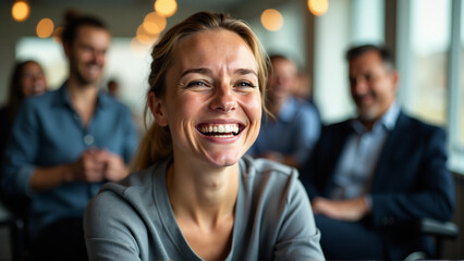 Fototapeta premium Close-Up of Joyful Victory: Woman in Wheelchair Wins Office Race