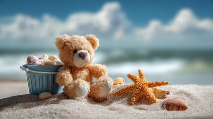 Teddy bear and seashells on sandy beach with starfish under sunny skies