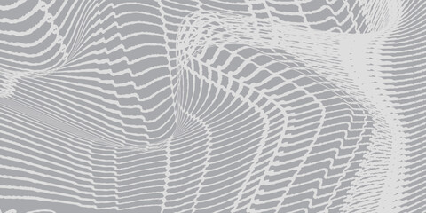 Abstract monochrome pattern of flowing white lines creating a complex distorted digital grid on a gray background.