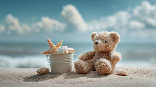 Teddy bear and seashells on beach sand with ocean view under blue sky