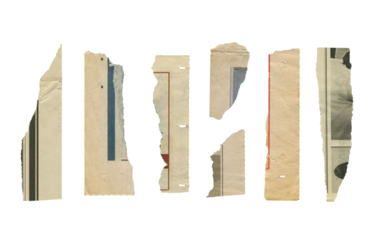 Set of torn pieces of  aged newspaper isolated.  Old ripped paper texture. 