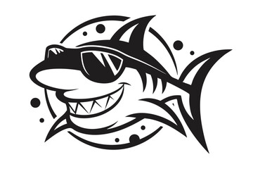 A cheerful shark with sunglasses shows off a big smile in monochrome design