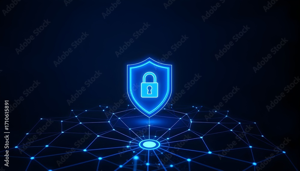 Poster cybersecurity shield with glowing padlock on network.