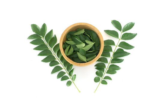 Fresh muraya koningii (sweet neem) pinnates and leaves in wooden bowl on white background