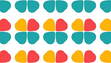 A vibrant pattern of four-leaf clovers, featuring teal, orange, and red shapes, arranged in a repeating design on a white background.