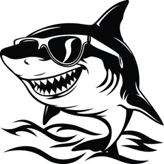 A cool shark wears sunglasses while swimming through black waves on a white backdrop