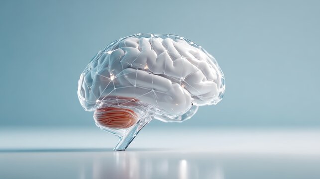 Digital transparent glass brain model with low-poly neural connections