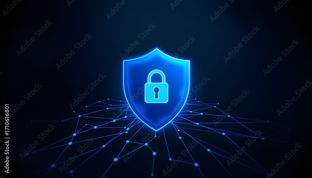 Poster digital shield with lock graphic, representing cybersecurity and data protection.