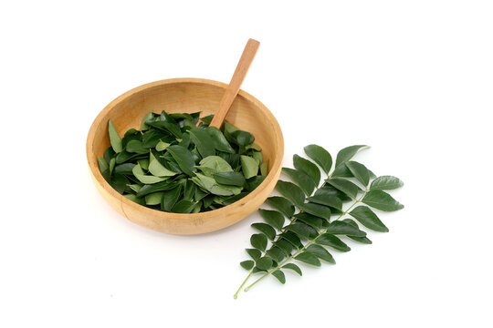 Fresh muraya koningii (sweet neem) pinnates and leaves in wooden bowl on white background