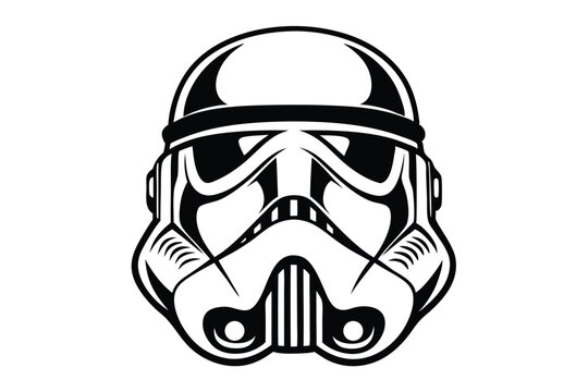 A detailed black and white mask showcases an iconic helmet from outer space film