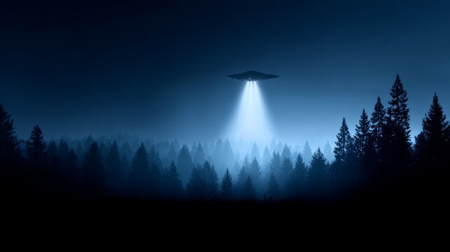 Ufo hovering over forest: mysterious night encounter with alien craft - Powered by Adobe