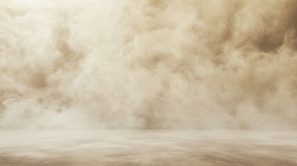 Dense beige dust cloud over flat sandy surface with hazy atmosphere