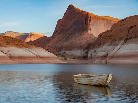 Small wooden rowboat floating on calm blue water with dramatic red rock canyons in the background at sunrise