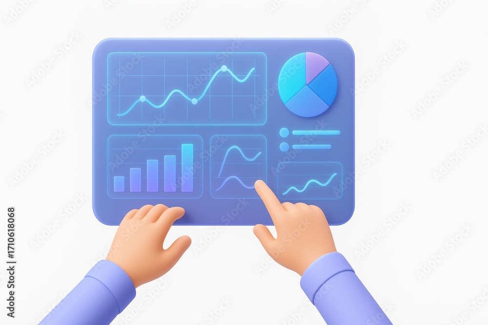 Poster hands interacting with modern data visualization dashboard for business insights and analysis