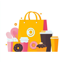 An illustrated food delivery setup with a yellow bag, box of foods, cups, and fries.